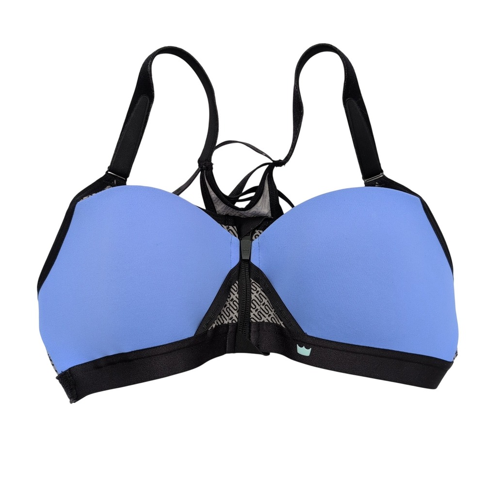 SHEFIT Sports Bra Medium Impact Adjustable Straps Zipper‎ Front Zip Blue Black